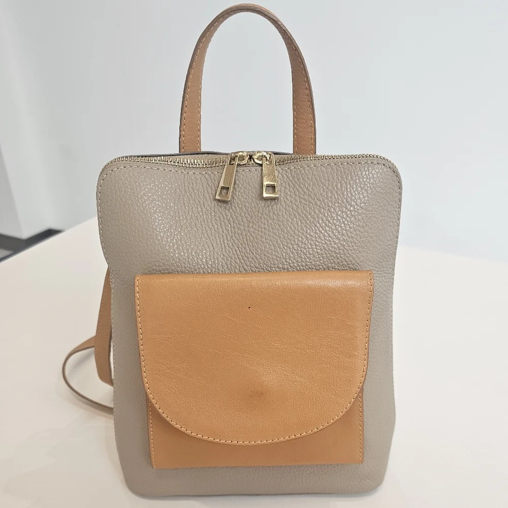Taupe and Tan Leatherette Women's Backpack - Minimal Pocket Design